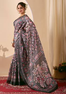 black digital floral print chiffon festive ethnic saree with blouse 3