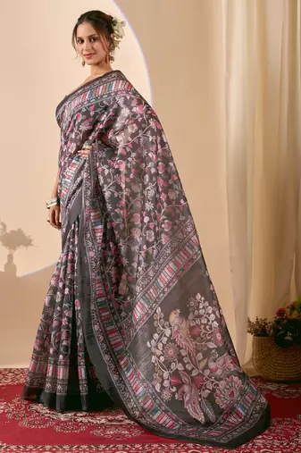 black digital floral print chiffon festive ethnic saree with blouse
