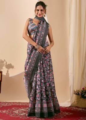 black digital floral print chiffon festive ethnic saree with blouse 4