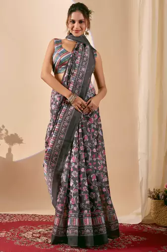 black digital floral print chiffon festive ethnic saree with blouse