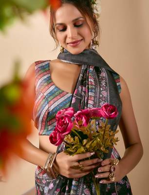 black digital floral print chiffon festive ethnic saree with blouse 5