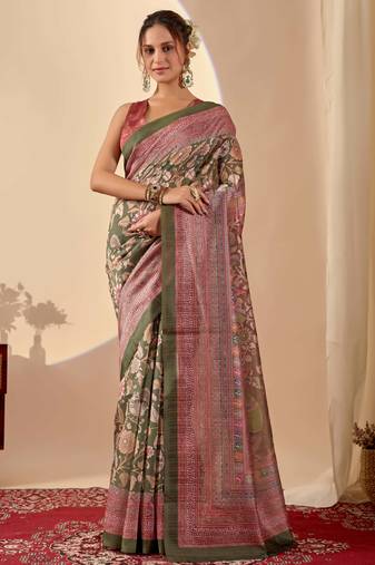green digital floral print chiffon festive ethnic saree with blouse