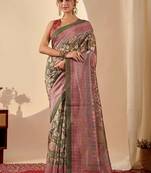 green digital floral print chiffon festive ethnic saree with blouse