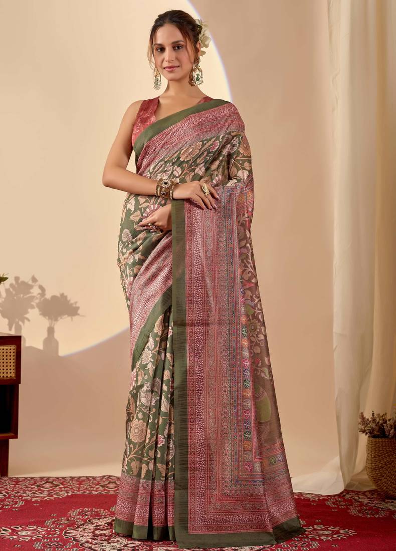 green digital floral print chiffon festive ethnic saree with blouse