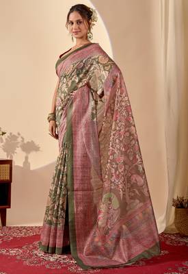 green digital floral print chiffon festive ethnic saree with blouse 3