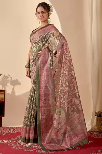 green digital floral print chiffon festive ethnic saree with blouse