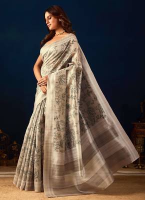 Cream digital kalamkari print cotton silk festive elegent saree with blouse 3