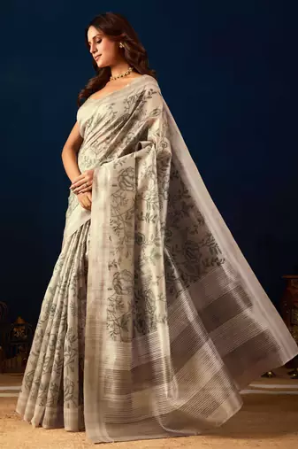 Cream digital kalamkari print cotton silk festive elegent saree with blouse