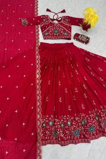 Red Georgette Embroidered Lehenga-free-size choli