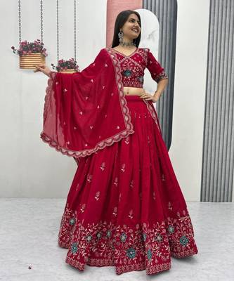 Red Georgette Embroidered Lehenga-free-size choli 3