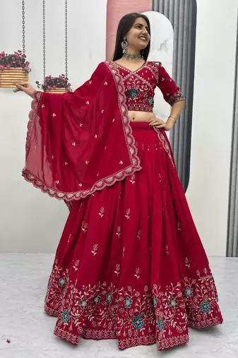 Red Georgette Embroidered Lehenga-free-size choli