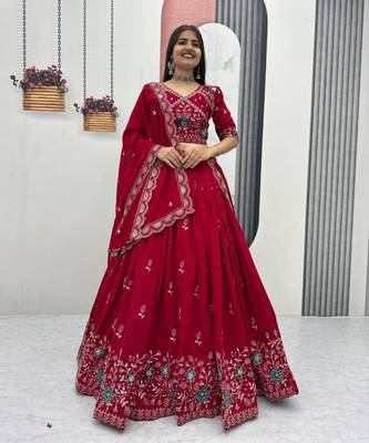 Red Georgette Embroidered Lehenga-free-size choli 1