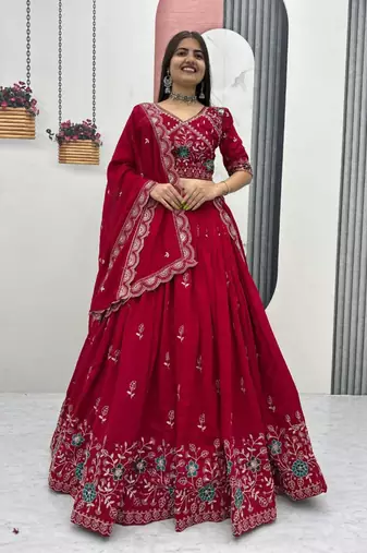 Red Georgette Embroidered Lehenga-free-size choli