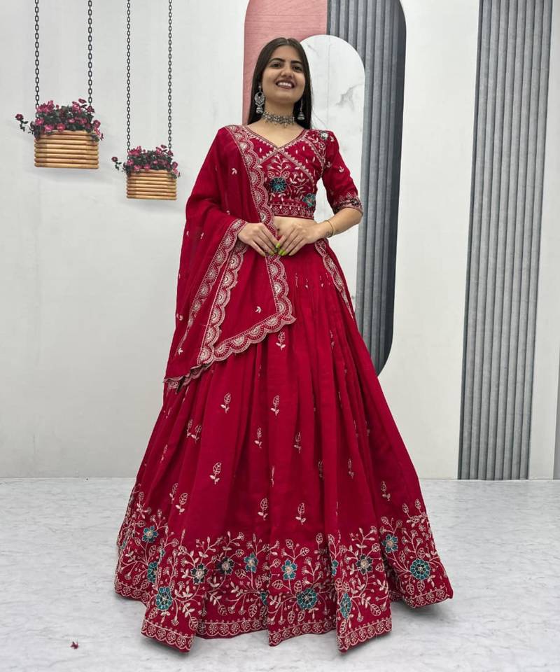 Red Georgette Embroidered Lehenga-free-size choli