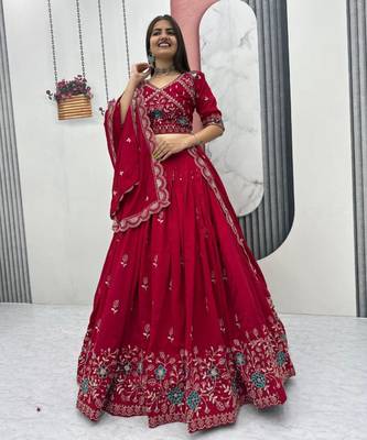 Red Georgette Embroidered Lehenga-free-size choli 4
