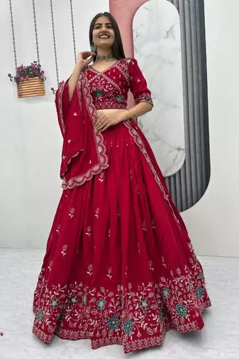 Red Georgette Embroidered Lehenga-free-size choli