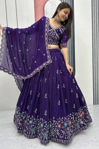 Dark Purple Embroidered Lehenga-free-size