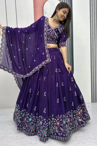 Dark Purple Embroidered Lehenga-free-size