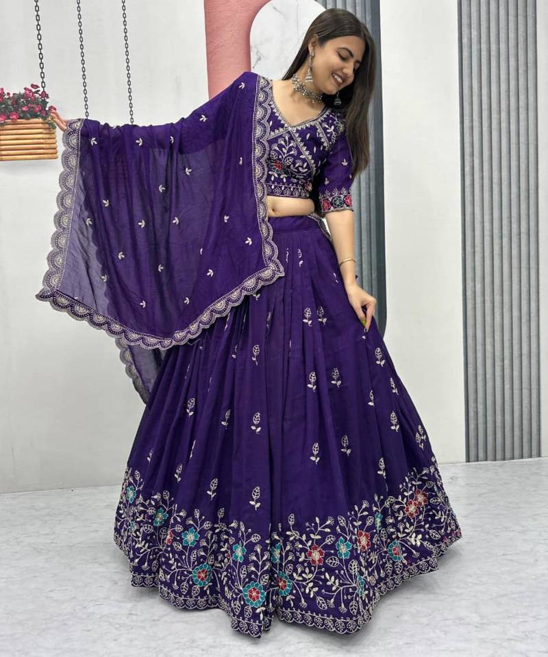 Dark Purple Embroidered Lehenga-free-size