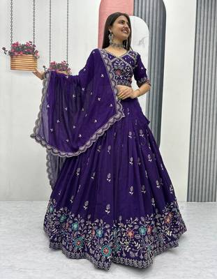 Dark Purple Embroidered Lehenga-free-size 3