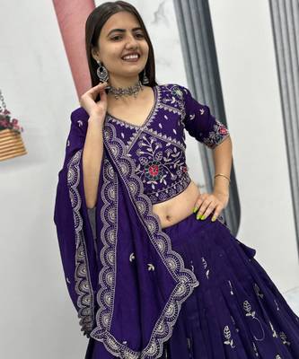 Dark Purple Embroidered Lehenga-free-size 4