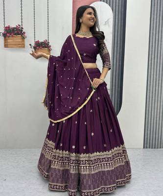 Wine Georgette Embroidered Lehenga-free-size Set 1