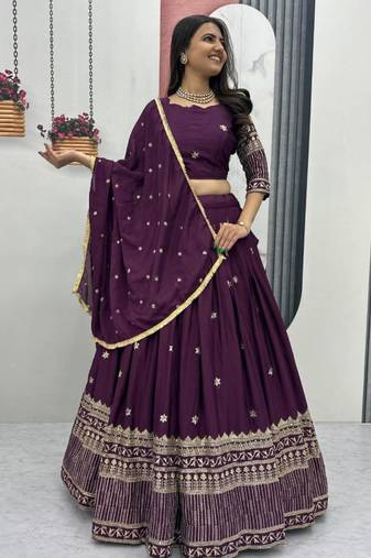 Wine Georgette Embroidered Lehenga-free-size Set