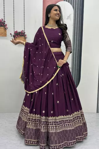 Wine Georgette Embroidered Lehenga-free-size Set