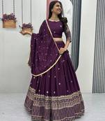 Wine Georgette Embroidered Lehenga-free-size Set
