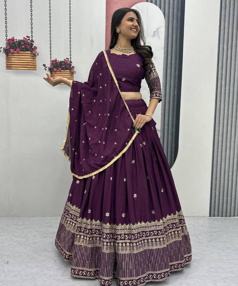 Wine Georgette Embroidered Lehenga-free-size Set