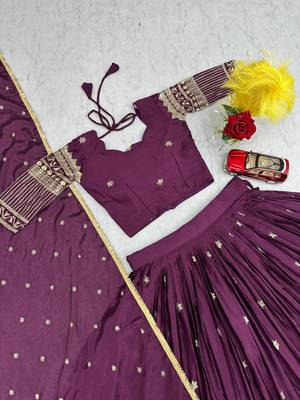 Wine Georgette Embroidered Lehenga-free-size Set 2