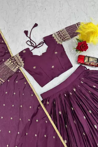 Wine Georgette Embroidered Lehenga-free-size Set