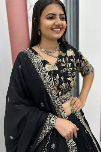 Black Chiffon Embroidered Lehenga-free-size