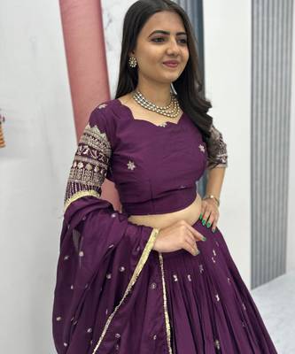 Wine Georgette Embroidered Lehenga-free-size Set 3