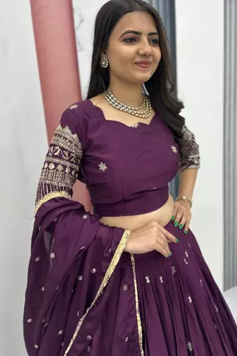 Wine Georgette Embroidered Lehenga-free-size Set