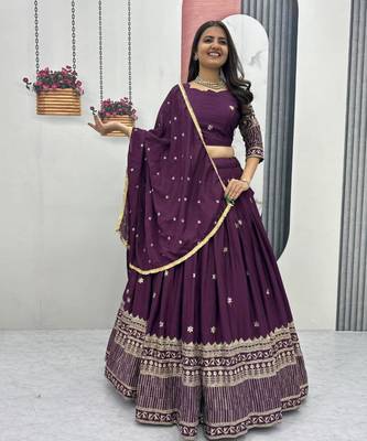 Wine Georgette Embroidered Lehenga-free-size Set 4