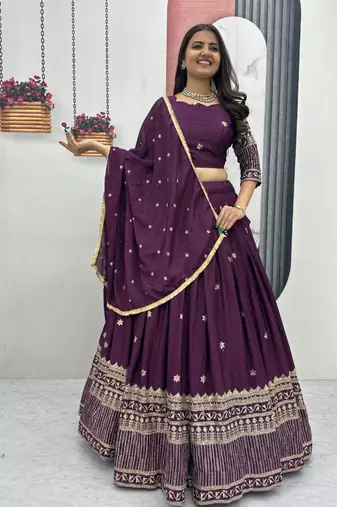 Wine Georgette Embroidered Lehenga-free-size Set