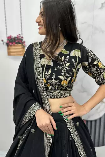 Black Chiffon Embroidered Lehenga-free-size