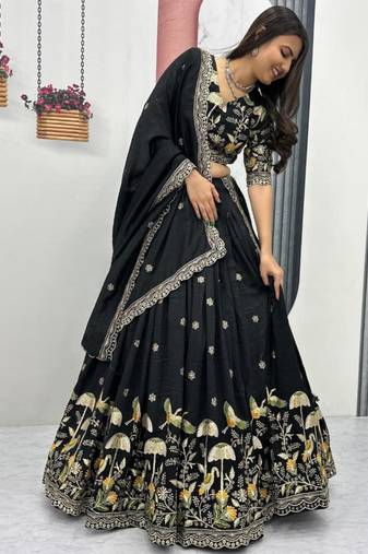 Black Chiffon Embroidered Lehenga-free-size