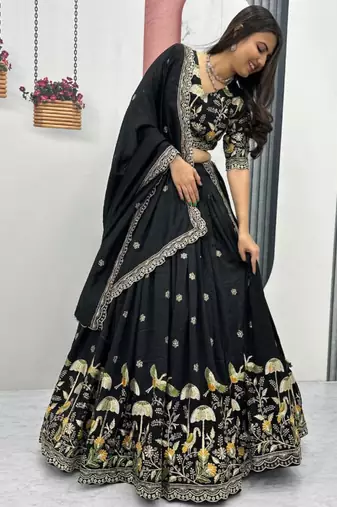 Black Chiffon Embroidered Lehenga-free-size