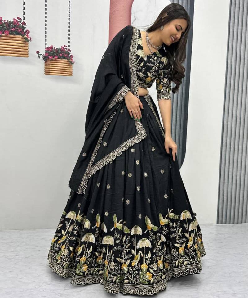 Black Chiffon Embroidered Lehenga-free-size