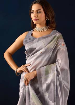 grey digital floral print chiffon festive ethnic saree with blouse 5
