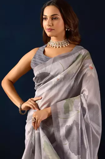 grey digital floral print chiffon festive ethnic saree with blouse