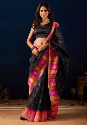 black digital floral print chiffon festive ethnic saree with blouse 4