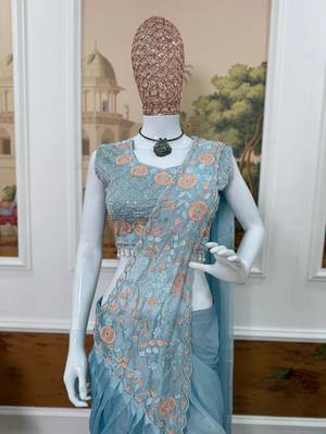 sky blue embroidered,thread & semi beads work work rangoli silk ready made saree 1