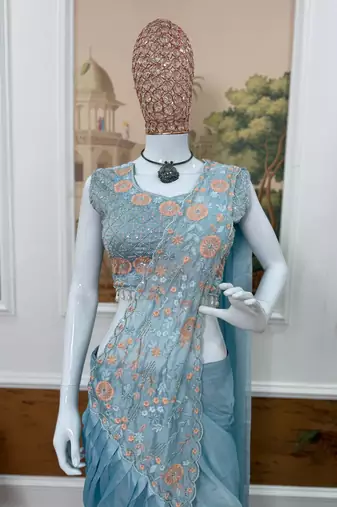 Sky Blue Color Embroidered,Thread & Semi Beads  Work Work Rangoli Silk Ready To Wear Saree