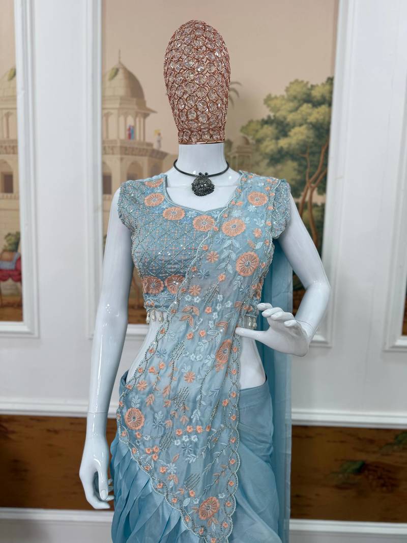 Sky Blue Color Embroidered,Thread & Semi Beads  Work Work Rangoli Silk Ready To Wear Saree