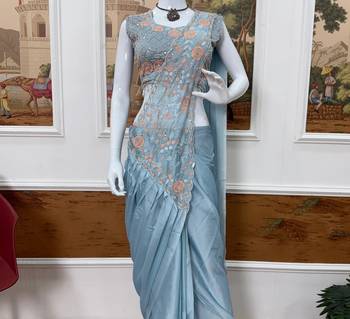 sky blue embroidered,thread & semi beads work work rangoli silk ready made saree 2