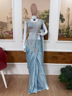 sky blue embroidered,thread & semi beads work work rangoli silk ready made saree 3