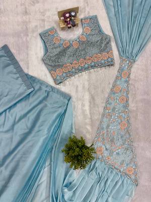 sky blue embroidered,thread & semi beads work work rangoli silk ready made saree 4